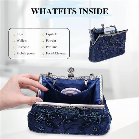 Women's Embroidered Beaded Sequin Evening Clutch Large Wedding Party Purse - Picture 4 of 7